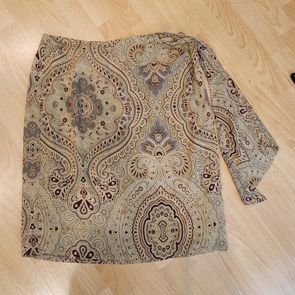 100% Silk Tan Brown Paisley Wrap Skirt Size 16 Vintage Grace Dane Lewis
